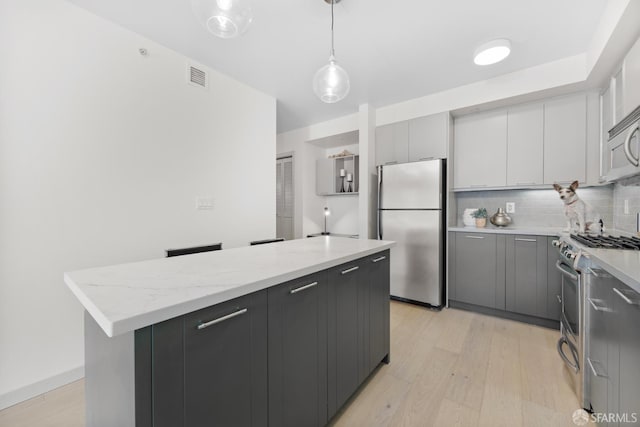 kitchen with stainless steel appliances, light wood-style floors, a kitchen island, pendant lighting, and backsplash