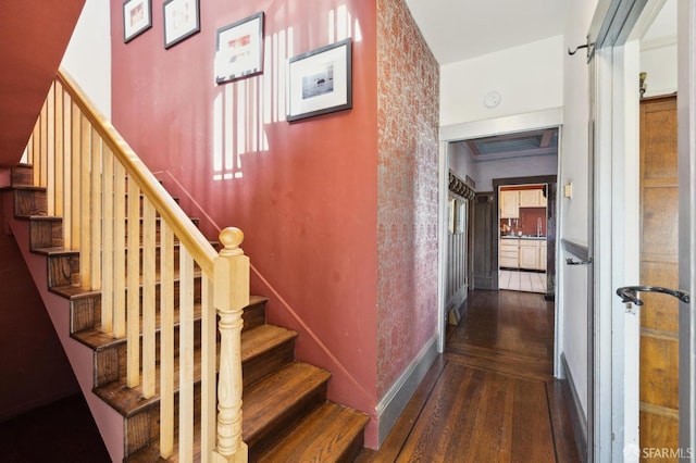 stairway with hardwood / wood-style floors