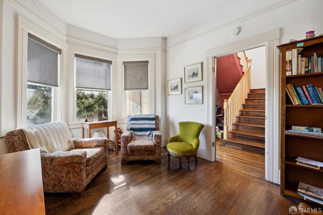 sitting room with dark hardwood / wood-style flooring