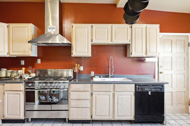 kitchen featuring sink, dishwasher, high end range, wall chimney exhaust hood, and light tile patterned floors