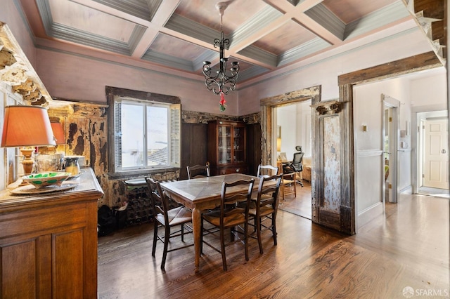 dining area with an inviting chandelier, wood-type flooring, ornamental molding, beamed ceiling, and coffered ceiling