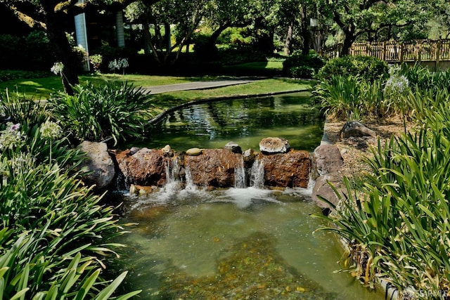 view of yard featuring a small pond