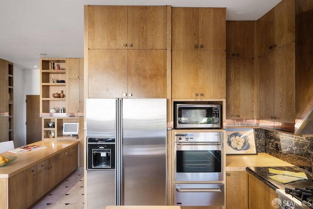 kitchen featuring open shelves, appliances with stainless steel finishes, backsplash, a warming drawer, and light floors