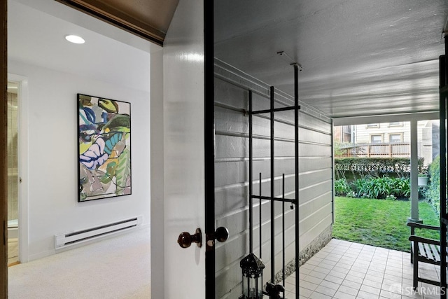 interior space featuring recessed lighting, tile patterned flooring, and baseboard heating