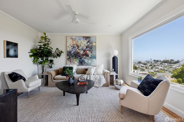 83 Fountain St, San Francisco, CA 94114 - living area featuring ceiling fan, ornamental molding, baseboards, and wood finished floors