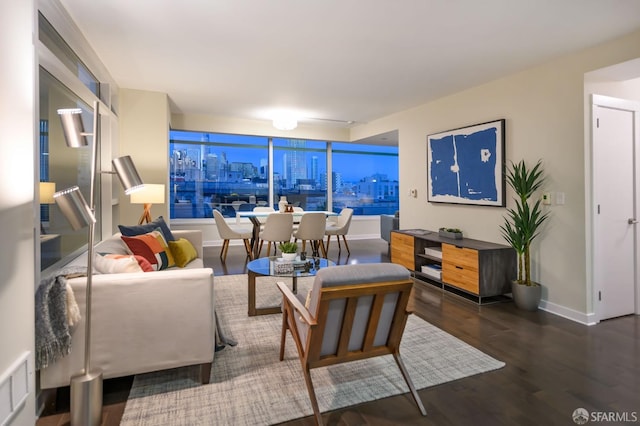 living room with dark hardwood / wood-style floors