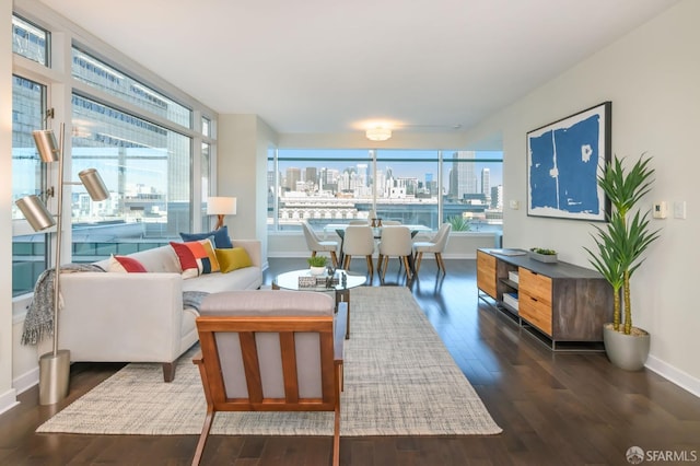 living room with dark hardwood / wood-style flooring and a wealth of natural light