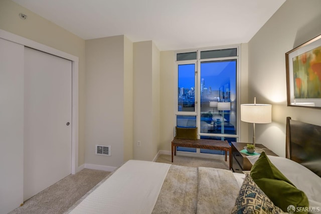 bedroom with a closet and light colored carpet