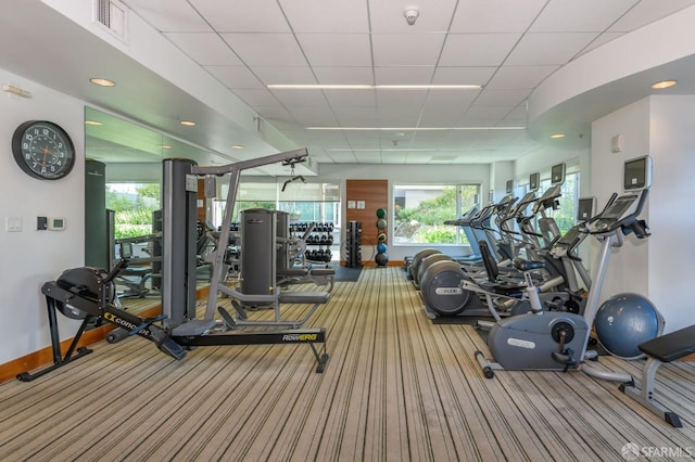 workout area with a drop ceiling and carpet flooring