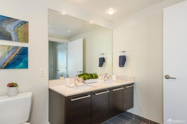 bathroom with vanity, toilet, and tile patterned floors