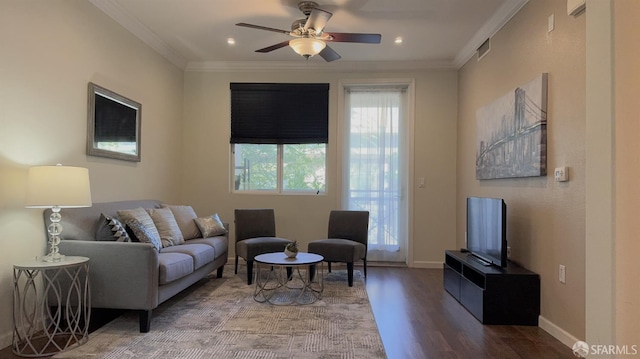 1101 S Main St Unit 216, Milpitas, CA 95035 - living room with wood finished floors, a ceiling fan, ornamental molding, baseboards, and recessed lighting