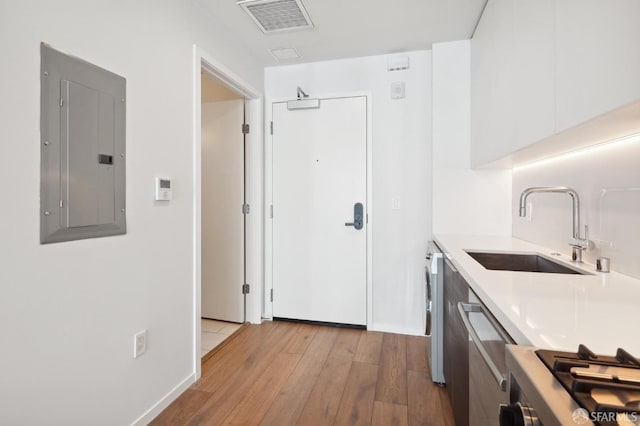 1433 Bush St Unit 702, San Francisco, CA 94109 - kitchen featuring range, light hardwood / wood-style floors, white cabinetry, electric panel, and sink