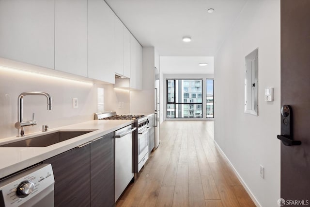 1433 Bush St Unit 702, San Francisco, CA 94109 - kitchen featuring white cabinets, sink, dark brown cabinets, light hardwood / wood-style flooring, and stainless steel appliances