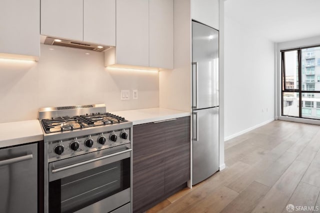 1433 Bush St Unit 702, San Francisco, CA 94109 - kitchen with white cabinets, range hood, light hardwood / wood-style flooring, and high quality appliances