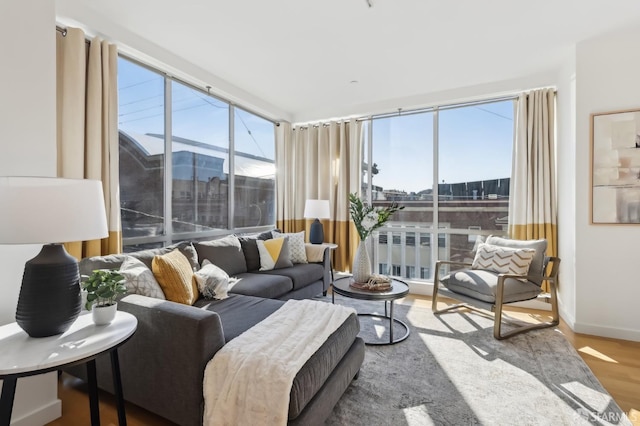 living room with wood-type flooring and a healthy amount of sunlight