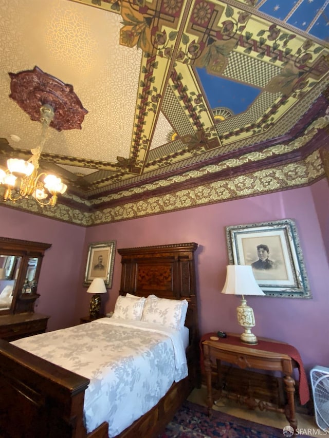 bedroom featuring an inviting chandelier