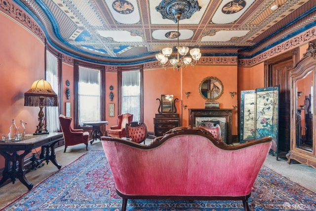 living room featuring a notable chandelier, carpet, and ornamental molding