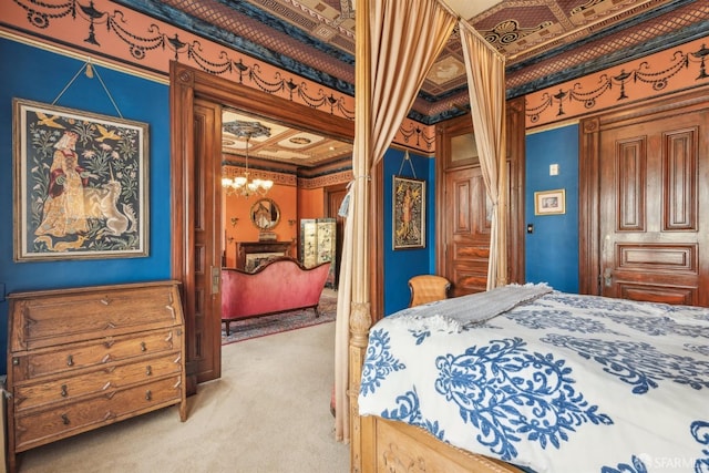 carpeted bedroom with crown molding and a notable chandelier