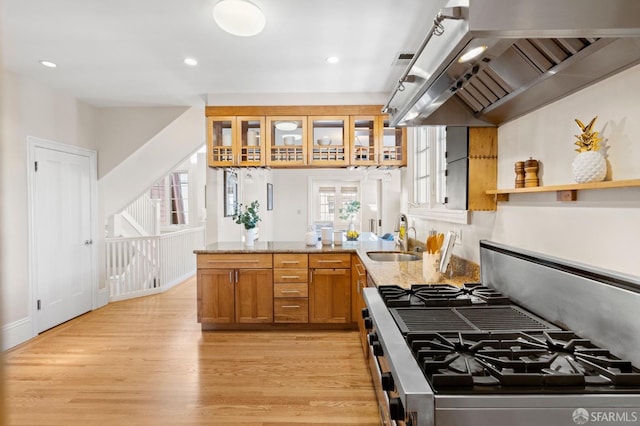 kitchen with sink, light stone counters, light hardwood / wood-style flooring, stainless steel range with gas stovetop, and range hood