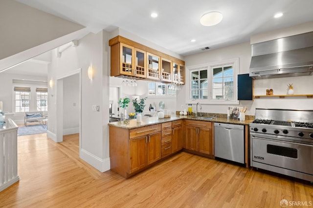 kitchen with sink, extractor fan, light stone counters, light wood-type flooring, and stainless steel appliances