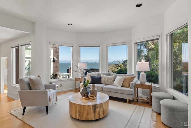 living room with hardwood / wood-style flooring, a water view, and a wealth of natural light