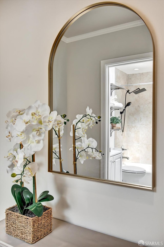 1675 Quint St, San Francisco, CA 94124 - bathroom view of crown molding, arched walkways, vanity, and shower / tub combination