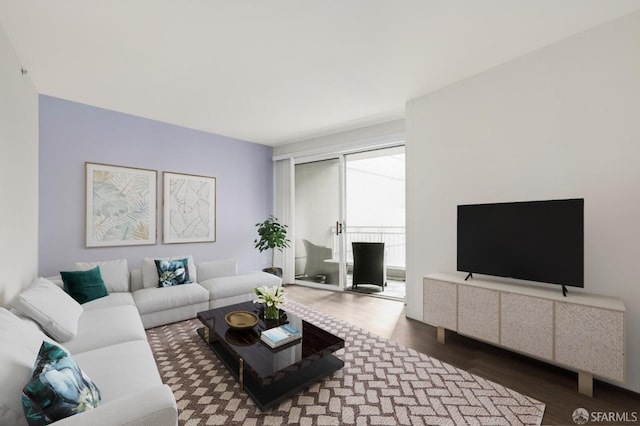 living room featuring dark wood-type flooring