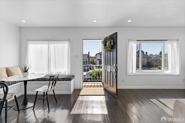 dining space featuring breakfast area, dark hardwood / wood-style flooring, and a wealth of natural light