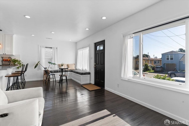 entrance foyer with dark hardwood / wood-style flooring and a healthy amount of sunlight