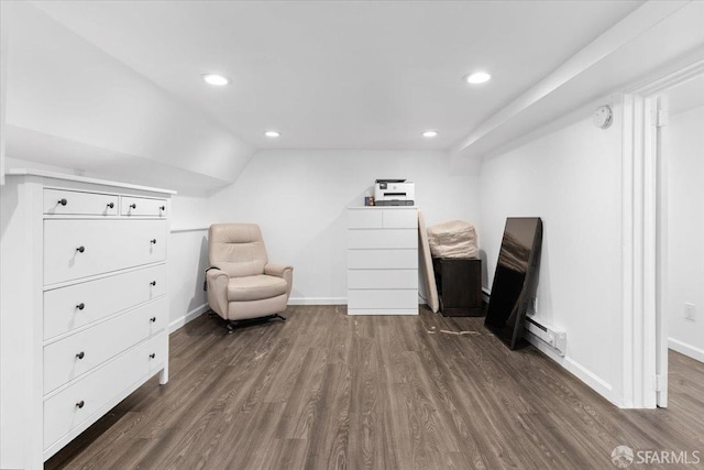 unfurnished room featuring a baseboard radiator, vaulted ceiling, and dark hardwood / wood-style flooring