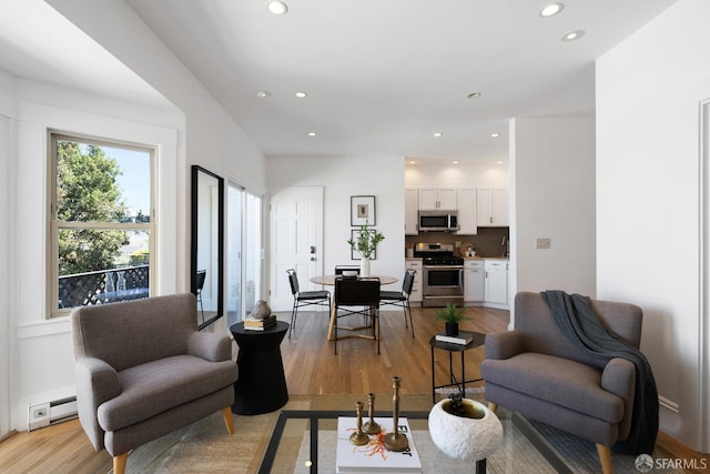 1141 Church St, San Francisco, CA 94114 - living area featuring light wood-style floors, recessed lighting, and a baseboard heating unit