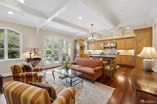 living room featuring dark hardwood / wood-style flooring, ornamental molding, and beam ceiling