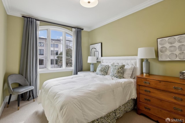 carpeted bedroom featuring ornamental molding