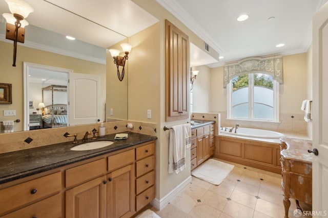 bathroom with tile patterned floors, ornamental molding, a bath, and vanity