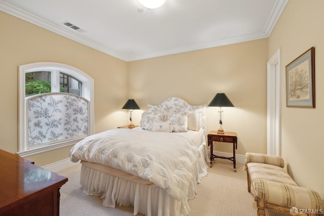 carpeted bedroom featuring ornamental molding