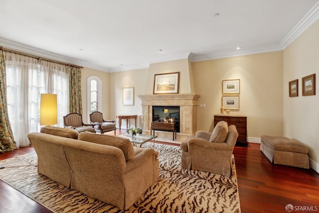 living room featuring ornamental molding, dark hardwood / wood-style flooring, a high end fireplace, and a baseboard heating unit