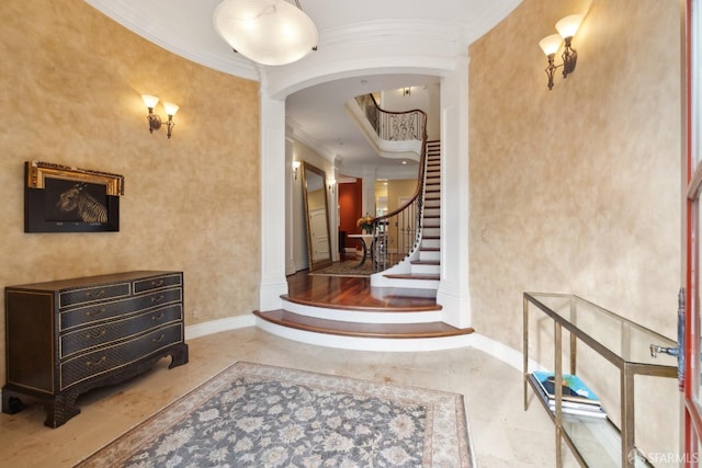 hallway featuring ornamental molding