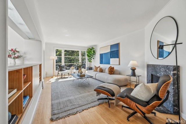 living room featuring wood finished floors and a high end fireplace