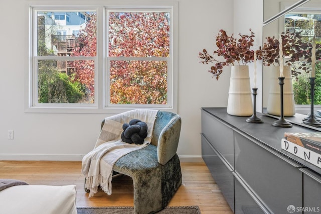 sitting room with plenty of natural light and light wood-style flooring