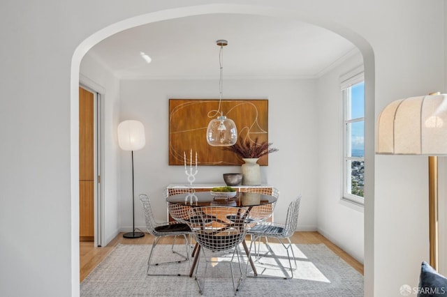 dining space featuring arched walkways, a healthy amount of sunlight, baseboards, and wood finished floors