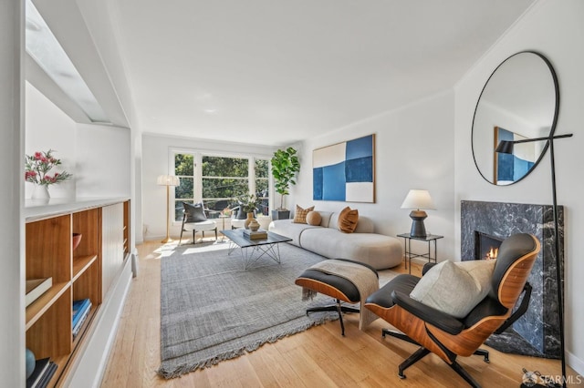 living area with hardwood / wood-style floors, baseboards, and a premium fireplace