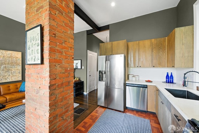 2013-2015 Golden Gate Ave, San Francisco, CA 94115 - kitchen with stainless steel appliances, beamed ceiling, and light stone counters