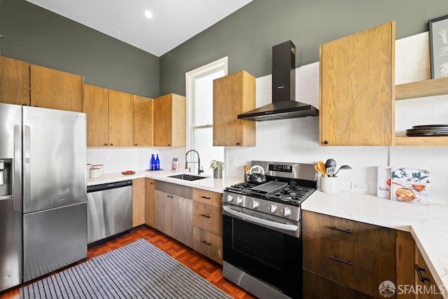 2013-2015 Golden Gate Ave, San Francisco, CA 94115 - kitchen featuring appliances with stainless steel finishes, wall chimney range hood, open shelves, light countertops, and decorative backsplash