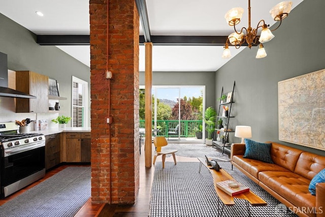 2013-2015 Golden Gate Ave, San Francisco, CA 94115 - living room with dark wood-style floors, a chandelier, and beamed ceiling
