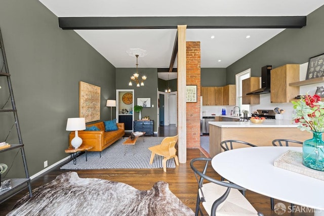 2013-2015 Golden Gate Ave, San Francisco, CA 94115 - living room featuring wood finished floors, a chandelier, and beamed ceiling