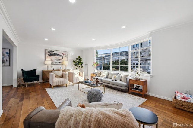 living room with crown molding and wood-type flooring