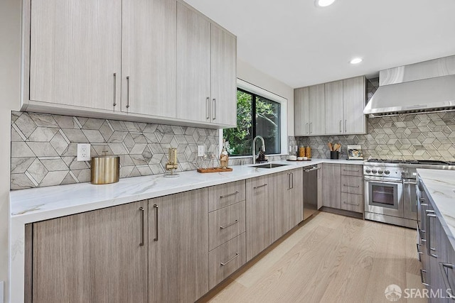 1098 Siler Pl, Berkeley, CA 94705 - kitchen with a sink, wall chimney exhaust hood, stainless steel appliances, light wood finished floors, and light stone countertops