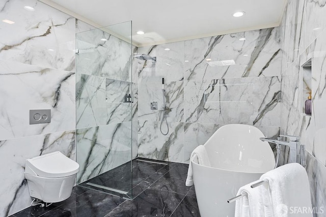 1098 Siler Pl, Berkeley, CA 94705 - full bath with tile walls, a freestanding bath, marble tiled floors, a marble finish shower, and recessed lighting