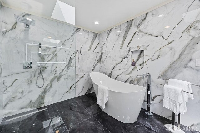 1098 Siler Pl, Berkeley, CA 94705 - full bathroom featuring tile walls, a soaking tub, marble tiled floors, a marble finish shower, and recessed lighting