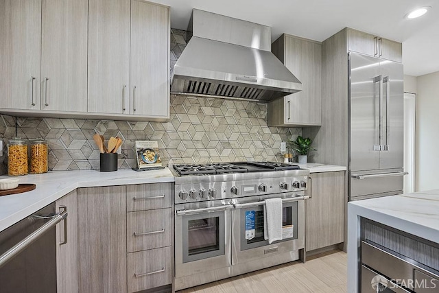 1098 Siler Pl, Berkeley, CA 94705 - kitchen featuring high quality appliances, wall chimney range hood, modern cabinets, and recessed lighting